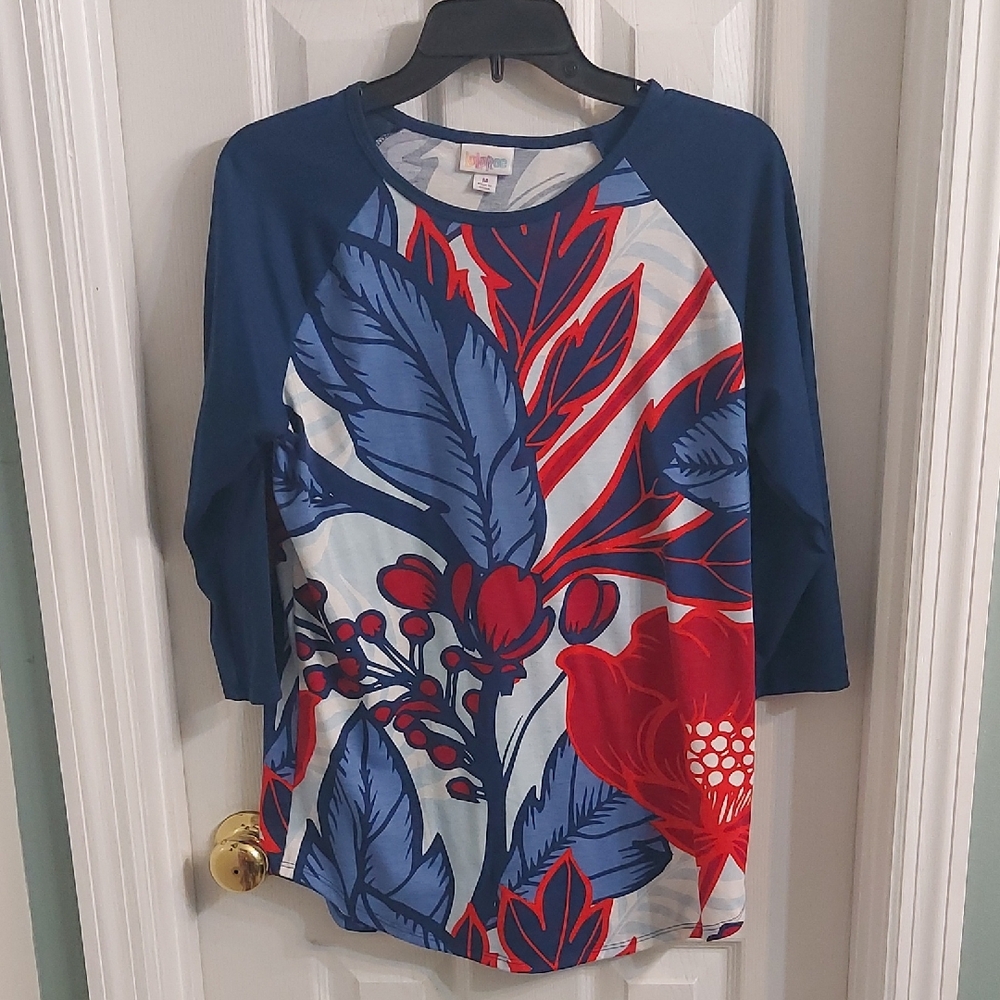 LuLaRoe Navy, Red & Light Blue Floral Raglan Top